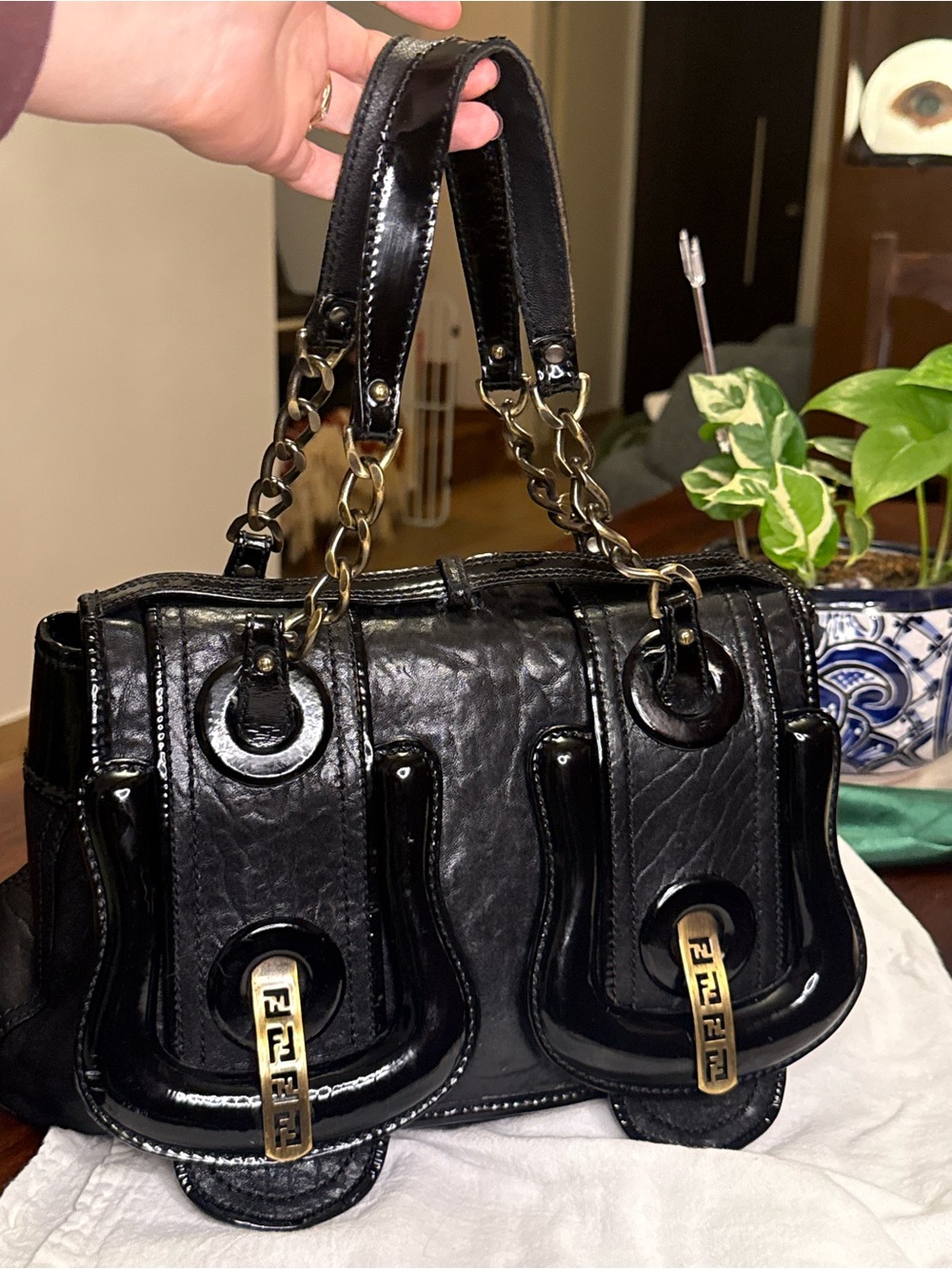 Fendi B-Bag (2006) Black Patent & Leather Shoulder Bag with Gold Hardware